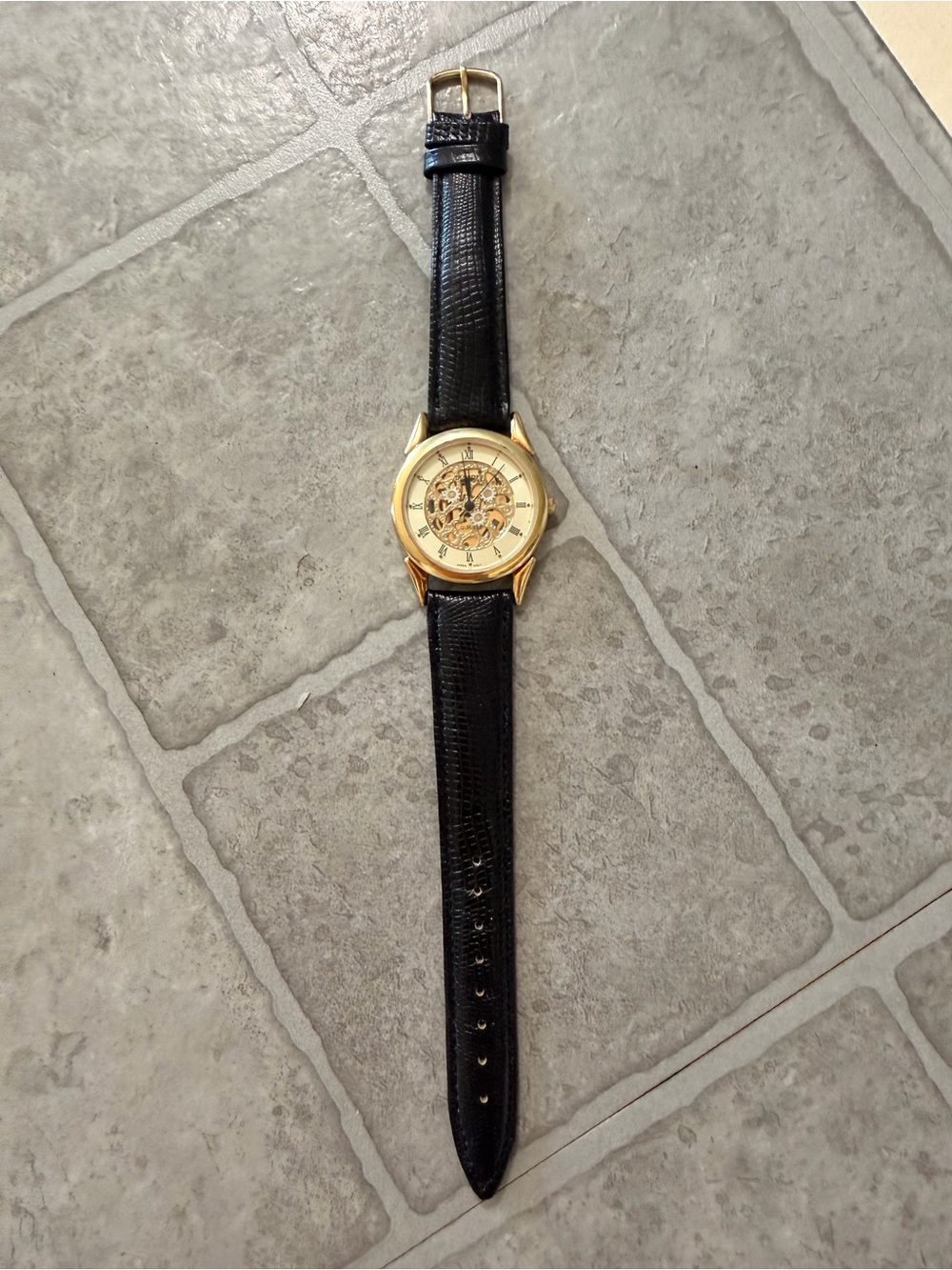 Vintage Fossil Gold Skeleton Dial Watch with Black Leather Strap Rare